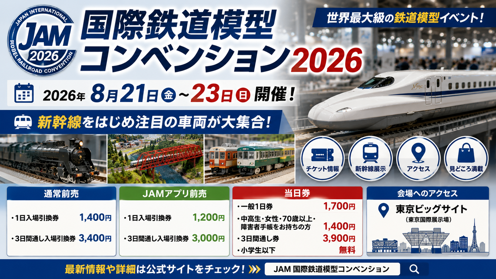 国際鉄道模型コンベンション2026の8月21日から23日の開催日程、チケット料金、新幹線展示、会場アクセスを紹介するアイキャッチ画像