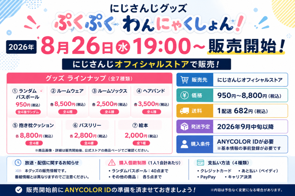 にじさんじ「ぷくぷくわんにゃくしょん！」グッズの2026年8月26日19時販売開始、価格950円〜8,800円、送料682円、9月中旬以降発送などをまとめた案内画像
