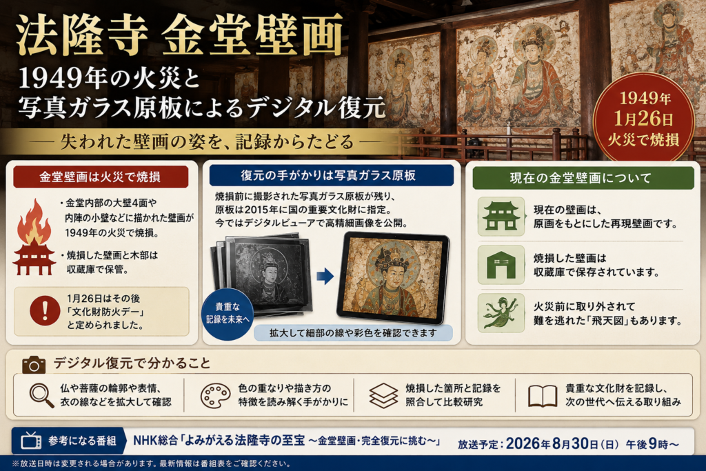 法隆寺金堂壁画の1949年の火災による焼損と、火災前の写真ガラス原板を活用したデジタル復元、現在の再現壁画について紹介するアイキャッチ画像。