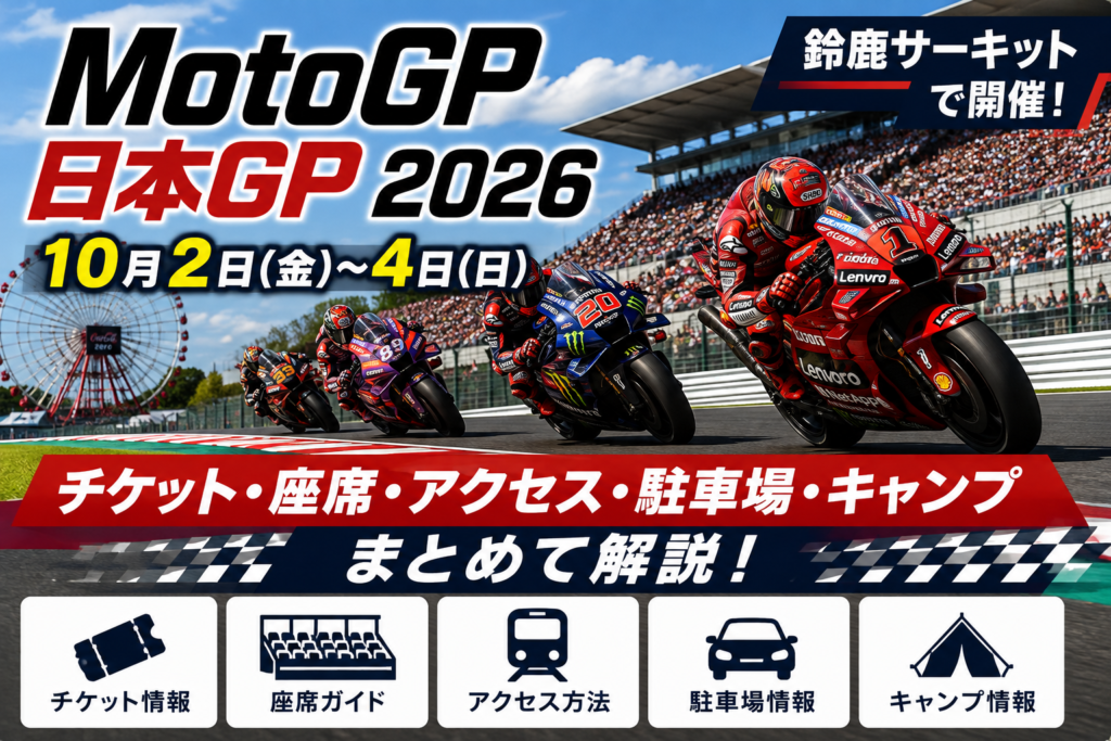 MotoGP日本GP2026の開催日程とチケット、座席、アクセス、駐車場、キャンプ情報をまとめたアイキャッチ画像