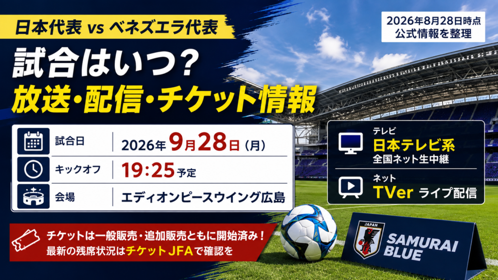 日本代表対ベネズエラ代表の2026年9月28日19時25分キックオフ、日本テレビ系放送・TVerライブ配信・チケット情報を、無人のサッカースタジアムとボールで表現したアイキャッチ画像