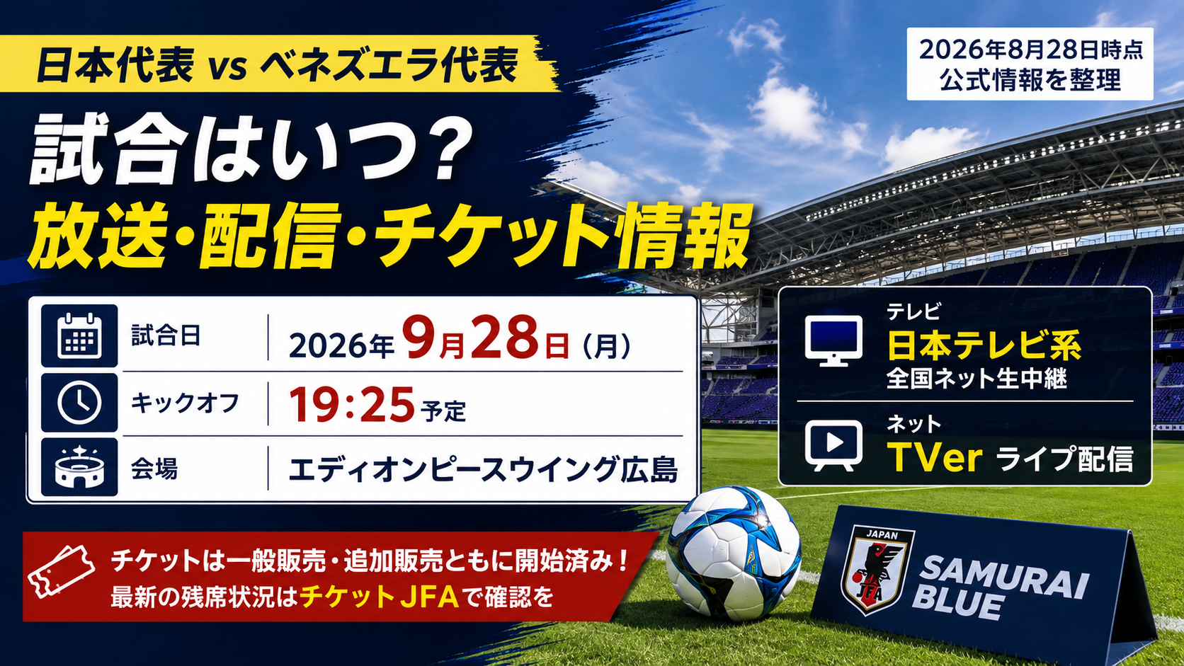 日本代表対ベネズエラ代表の2026年9月28日19時25分キックオフ、日本テレビ系放送・TVerライブ配信・チケット情報を、無人のサッカースタジアムとボールで表現したアイキャッチ画像