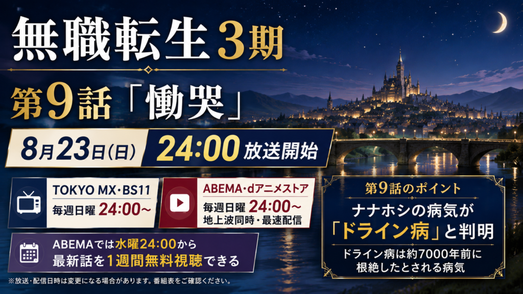 夜の幻想的な街と城を背景に、無職転生3期9話「慟哭」の8月23日24時放送とナナホシのドライン病を案内するアイキャッチ画像