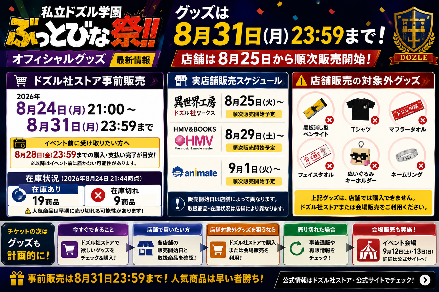 私立ドズル学園ぶっとびな祭グッズの事前販売は8月31日23時59分まで、実店舗は8月25日から順次販売されることをまとめたアイキャッチ画像