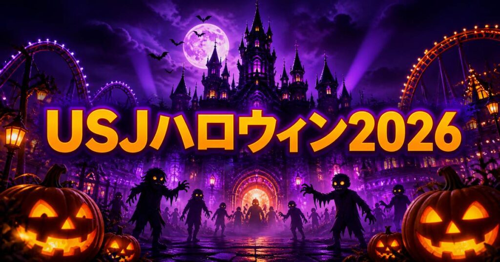 紫色にライトアップされたハロウィンの遊園地と「USJハロウィン2026」の文字