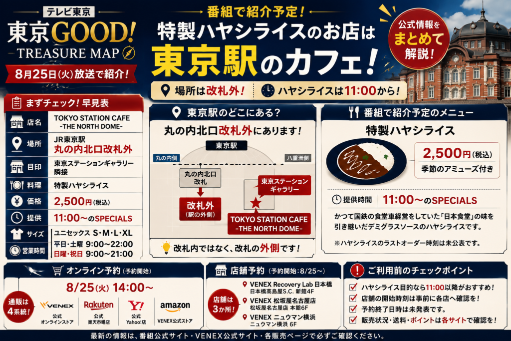 東京GOODで紹介予定の特製ハヤシライスがTOKYO STATION CAFE -THE NORTH DOME-で提供され、場所は東京駅丸の内北口改札外、価格2,500円、11時からのSPECIALSであることを案内するアイキャッチ画像