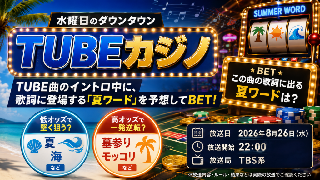 水曜日のダウンタウン「TUBEカジノ」を、夏の海とカジノをモチーフに表現したアイキャッチ画像。TUBE曲の歌詞に登場する夏ワードを予想してBETする企画と2026年8月26日22時放送を紹介。