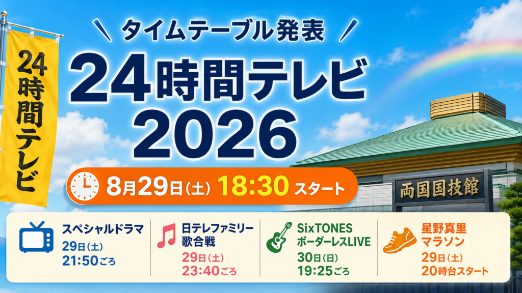 24時間テレビ2026のタイムテーブル発表を表現したアイキャッチ画像。8月29日18時30分開始と主要企画の予定時間を掲載。
