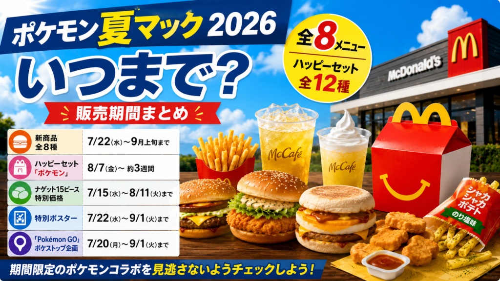 ポケモン夏マック2026の販売期間と全8メニュー、ハッピーセット全12種を紹介するアイキャッチ画像
