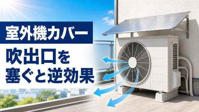 前面の吹出口を開放し、天面だけに日よけを設置したエアコン室外機