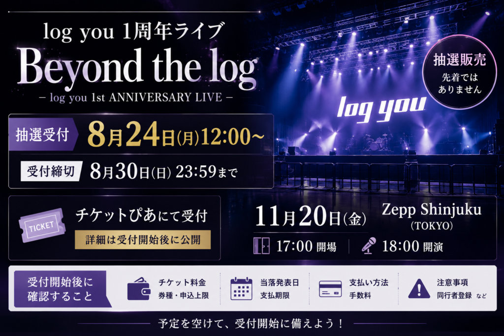 紫と青の照明が輝く無人のライブステージを背景に、log you 1周年ライブ「Beyond the log」の抽選受付期間を伝えるアイキャッチ画像