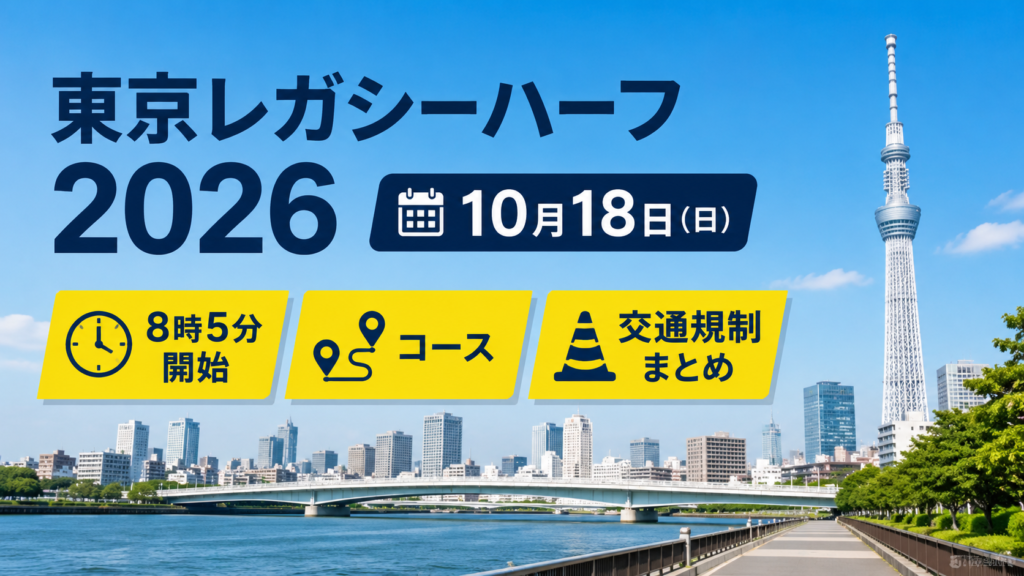 東京の街並みを背景に、東京レガシーハーフ2026の10月18日開催、8時5分開始、コース、交通規制を案内するアイキャッチ画像