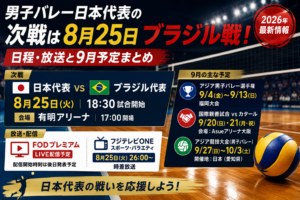 バレーボールと屋内コートを背景に、男子バレー日本代表の2026年8月25日ブラジル戦の日程・放送と9月の試合予定を案内するアイキャッチ画像
