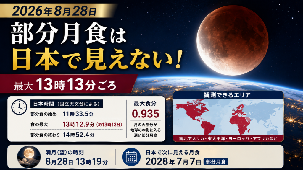 部分月食の月と地球を背景に、2026年8月28日の月食は日本で見えず、最大が13時13分ごろであることを示したアイキャッチ画像