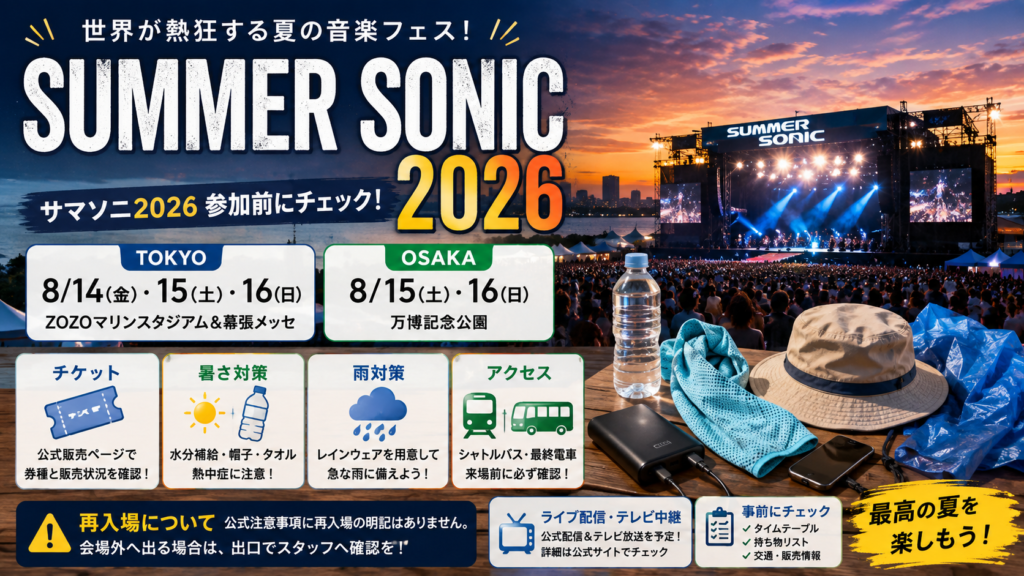サマソニ2026の再入場に関する注意点と、モバイルバッテリー・帽子・雨具などの持ち物、暑さ対策や会場アクセスを紹介するアイキャッチ画像