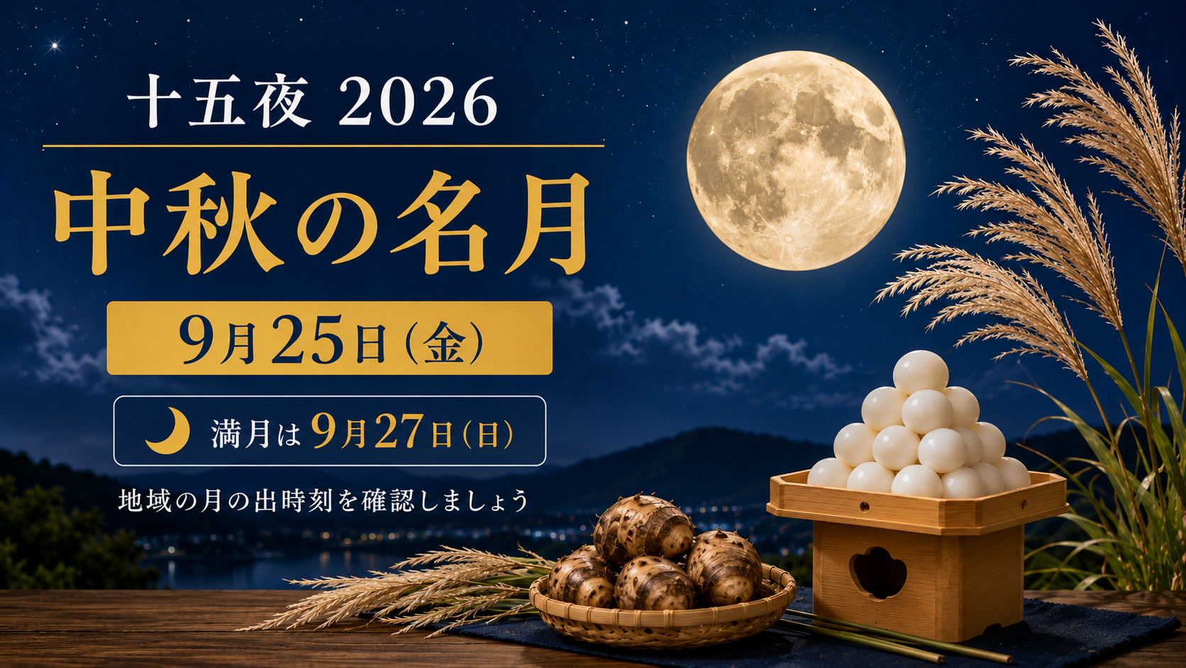 2026年の中秋の名月・十五夜は9月25日、満月は9月27日。月見団子・すすき・里芋と秋の夜空に浮かぶ月をイメージした画像
