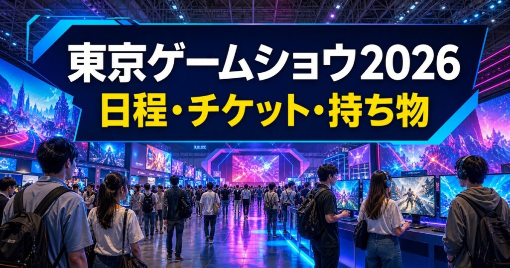 ゲーム展示会場を歩く来場者と「東京ゲームショウ2026 日程・チケット・持ち物」の文字