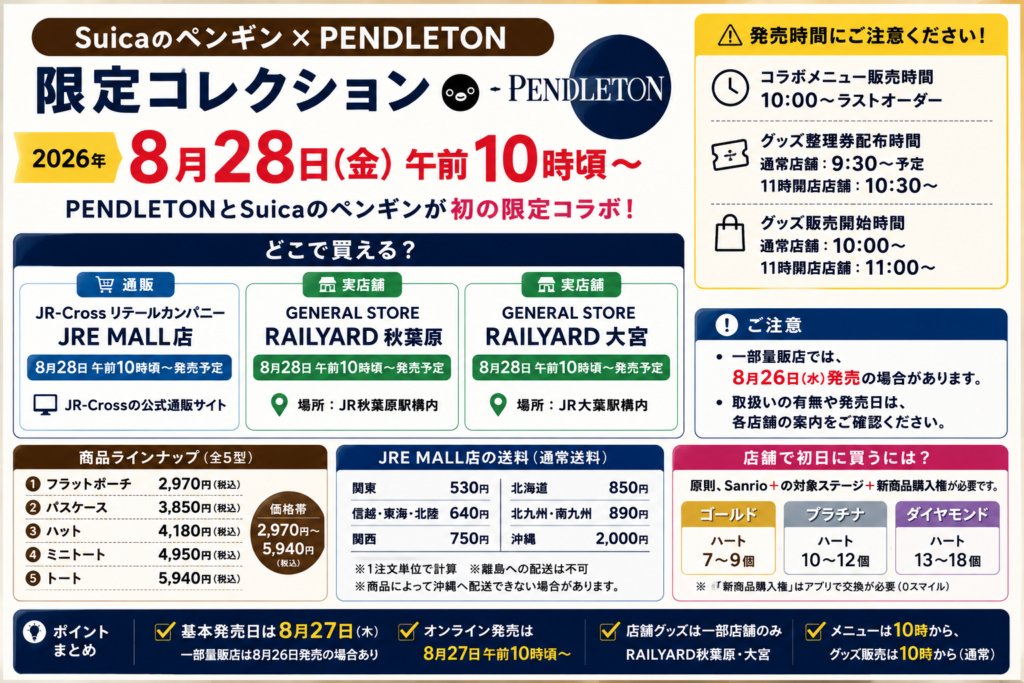 Suicaのペンギン×PENDLETON限定コレクションが2026年8月28日午前10時頃から発売予定で、通販はJR-Cross JRE MALL店、実店舗はRAILYARD秋葉原・大宮、全5型で2,970円〜5,940円であることを案内するアイキャッチ画像