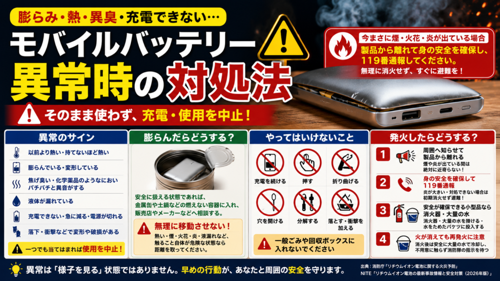 膨らんだモバイルバッテリーを中心に、異常時の使用・充電中止や発煙・発火時の119番通報などの対処法を示した安全対策のアイキャッチ画像