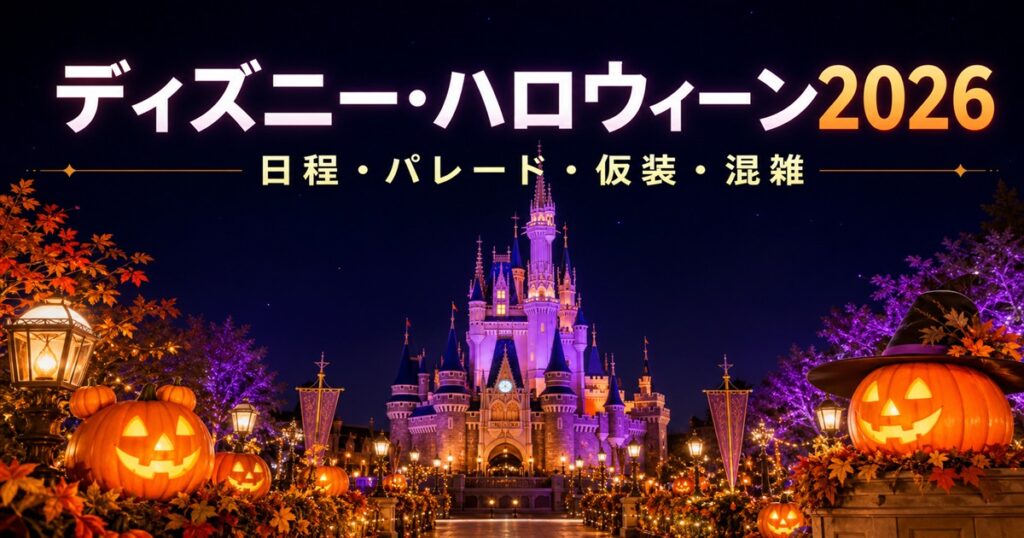 紫色にライトアップされた幻想的な城とハロウィーンのかぼちゃ、「ディズニー・ハロウィーン2026 日程・パレード・仮装・混雑」の文字