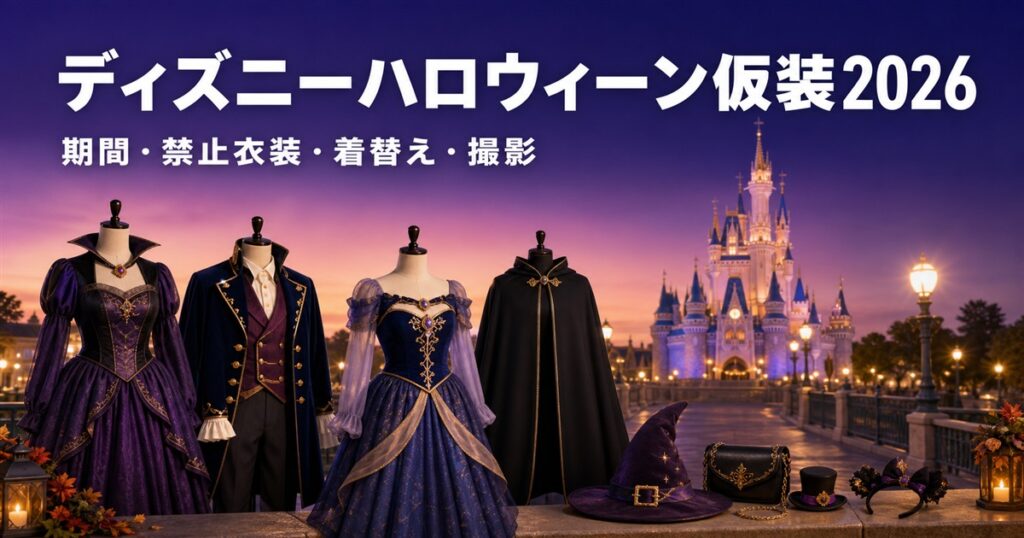 幻想的な城を背景に並ぶ紫色の仮装衣装と「ディズニーハロウィーン仮装2026 期間・禁止衣装・着替え・撮影」の文字