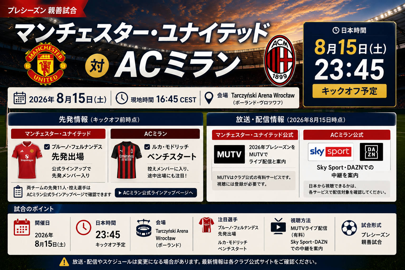 マンU対ACミランの2026年8月15日23時45分の日本時間、試合会場、先発情報、MUTVなどの放送・配信情報をまとめたアイキャッチ画像