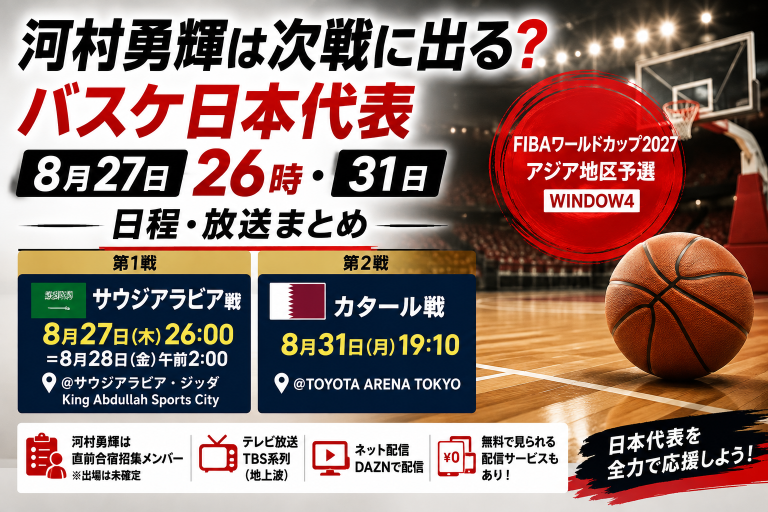 バスケットボールとコートを背景に、河村勇輝が招集されたバスケ日本代表の2026年8月27日26時サウジアラビア戦と8月31日カタール戦の日程・放送を案内するアイキャッチ画像