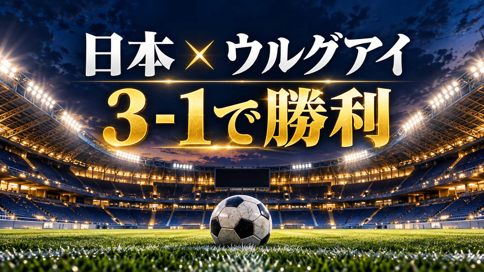 日本対ウルグアイ2026は日本が3-1で勝利した結果を示すサッカースタジアムのアイキャッチ