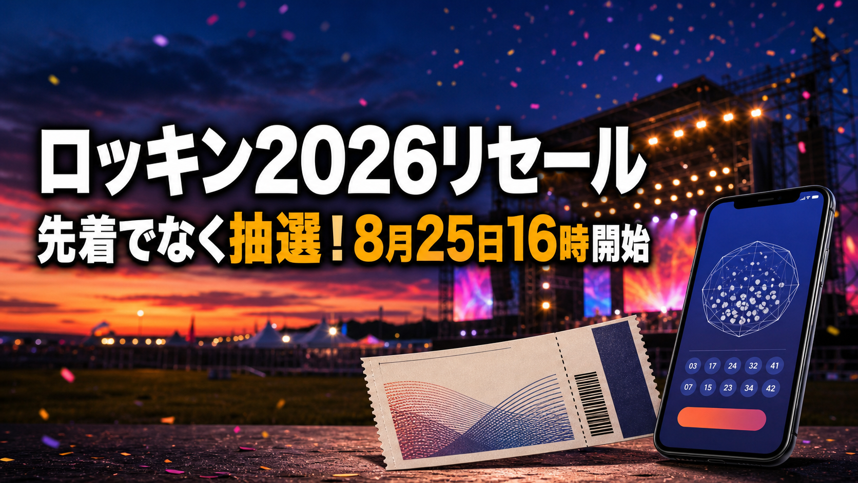 ロッキン2026公式リセールは先着ではなく抽選と伝えるアイキャッチ