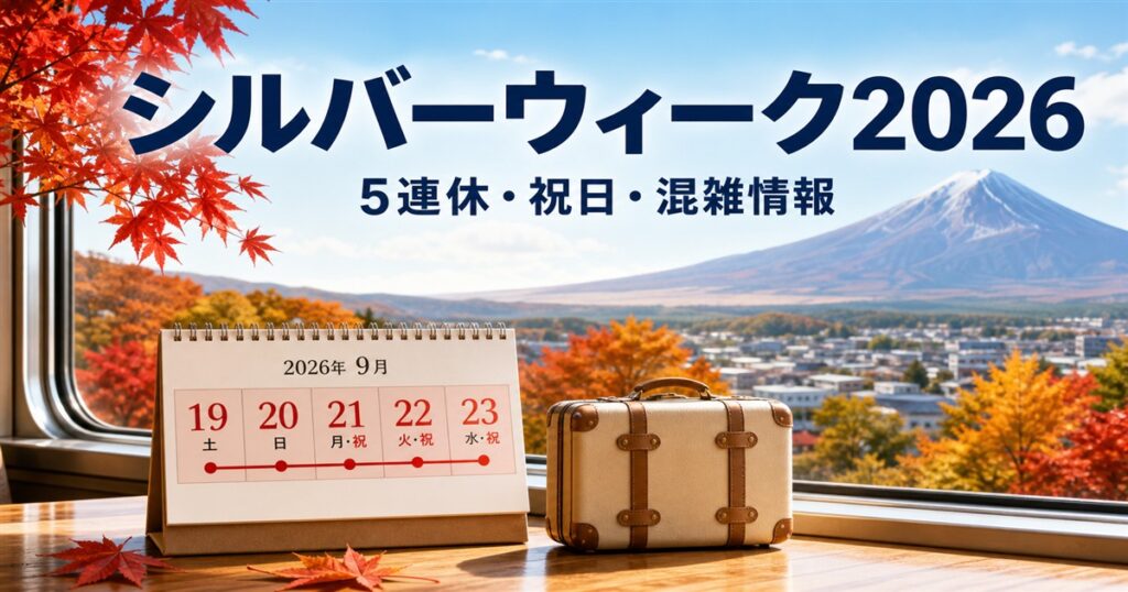 9月19日から23日を示すカレンダーと旅行かばん、紅葉と富士山、「シルバーウィーク2026 5連休・祝日・混雑情報」の文字