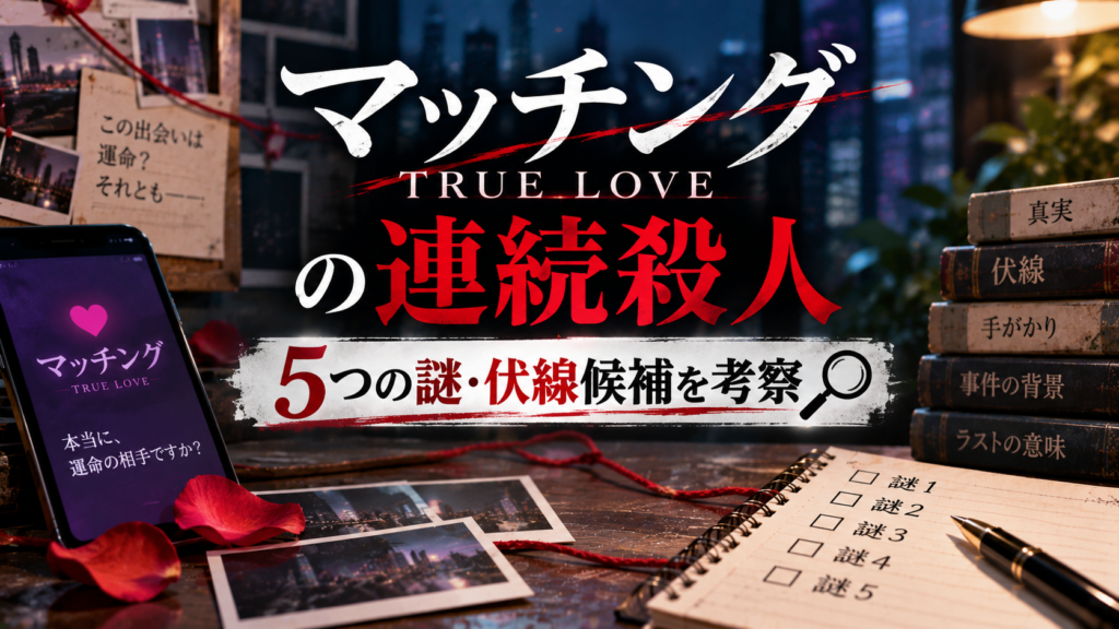 スマートフォンと手がかりを整理するノート、写真や赤い糸を背景に、マッチングTRUE LOVEの連続殺人に関する5つの謎と伏線候補を考察するアイキャッチ画像