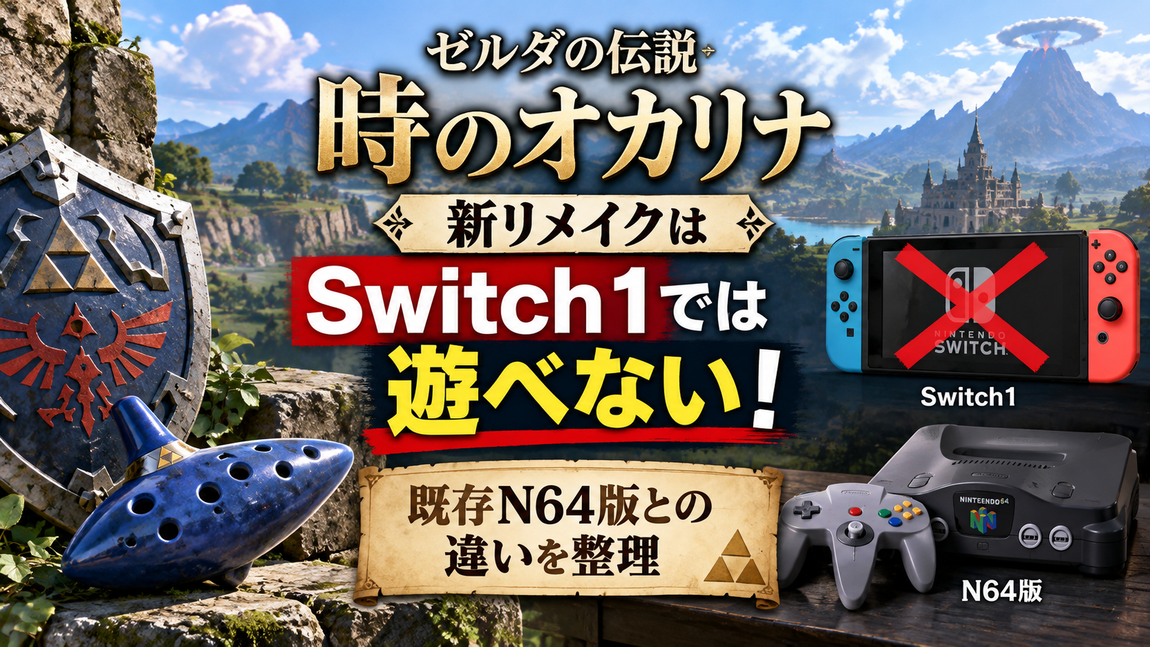 『時のオカリナ』新リメイクがSwitch1では遊べない点と、既存N64版との違いをゲーム機やオカリナなどで表現したアイキャッチ画像