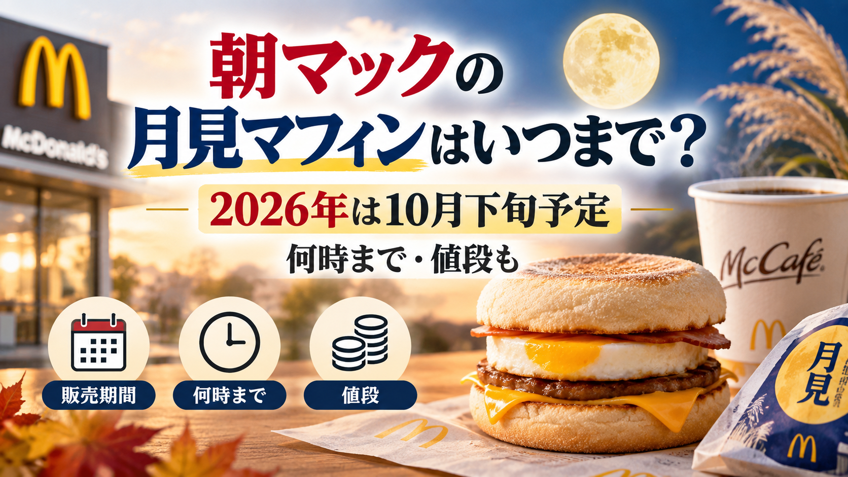秋の月とマフィンを背景に、朝マックの月見マフィンが2026年は10月下旬までの予定であることや販売時間・値段を紹介するアイキャッチ画像