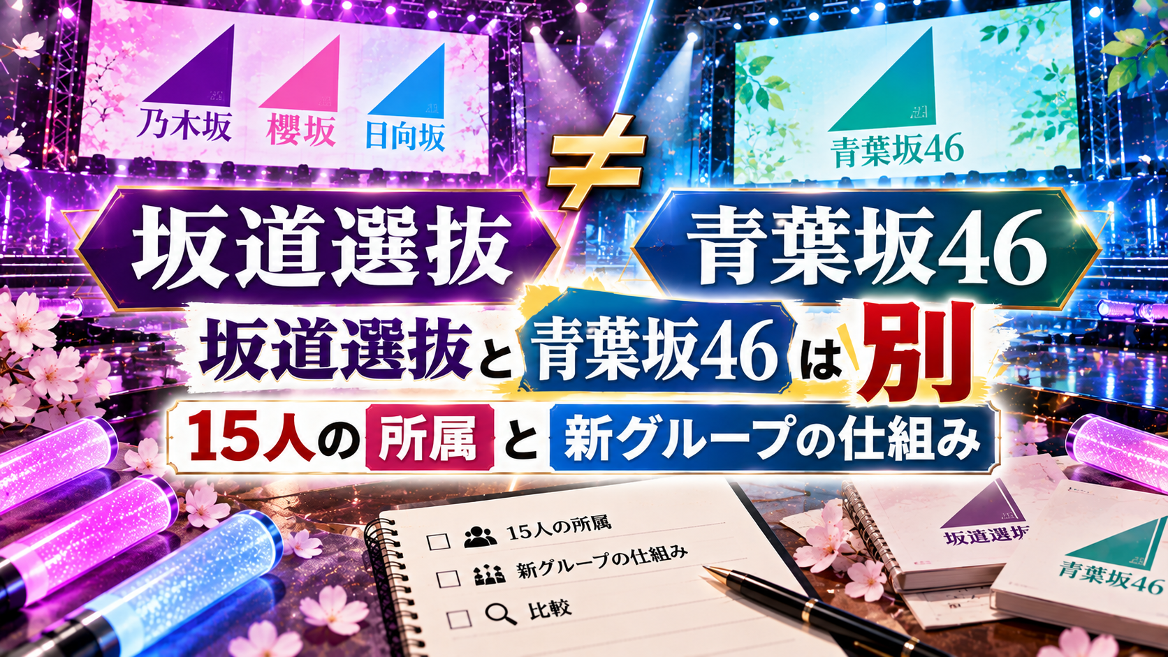 紫と青緑の照明が輝く無人のライブステージを背景に、坂道選抜と青葉坂46を左右に分け、坂道選抜15人の所属と新グループの仕組みの違いを表現したアイキャッチ画像。