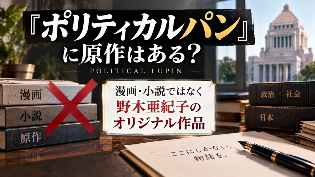 本と原稿用紙をモチーフに、『ポリティカルパン』に漫画や小説の原作はなく、野木亜紀子のオリジナル作品であることを表現したアイキャッチ画像
