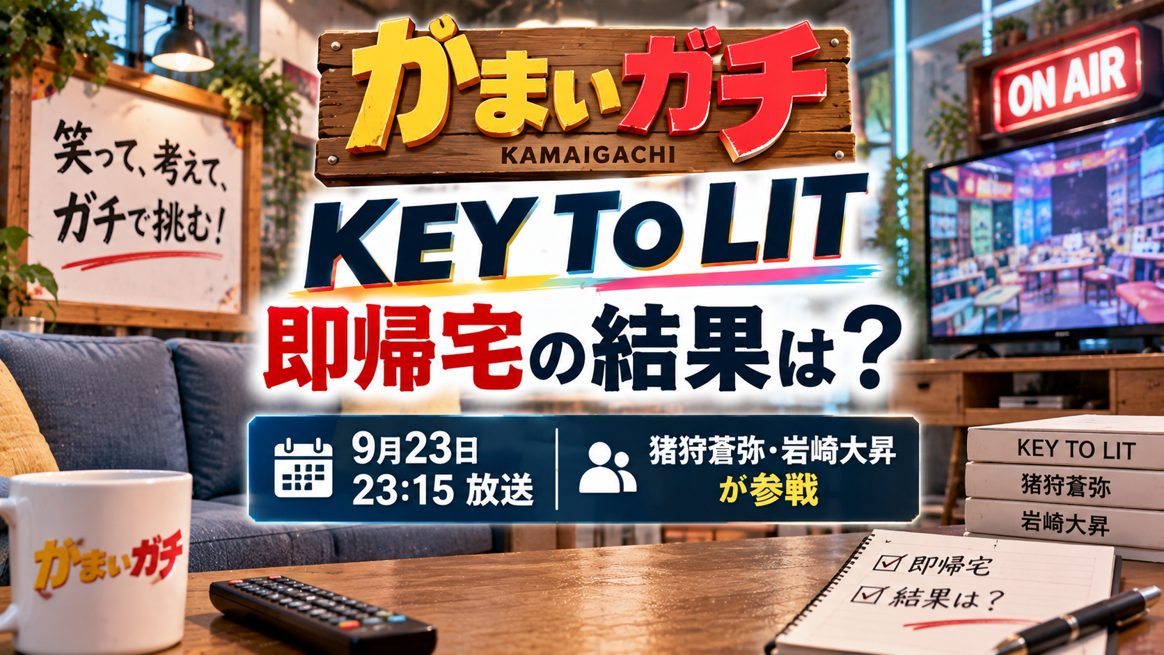 テレビやON AIR表示、即帰宅のチェックリストを背景に、かまいガチKEY TO LIT企画の9月23日23時15分放送と猪狩蒼弥・岩﨑大昇の参戦を表現したアイキャッチ画像