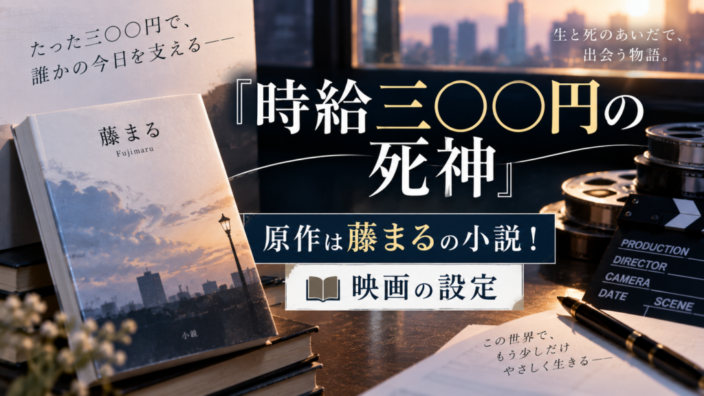 小説と映画制作をイメージした小物を背景に、『時給三〇〇円の死神』の原作が藤まるの小説であることと映画の設定を紹介するアイキャッチ画像