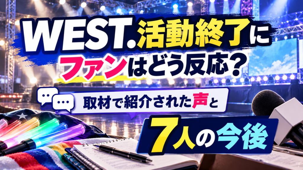 無人のライブステージとマイク、スポットライト、ニュース画面を背景に、WEST.の活動終了に対するファンの反応と取材で紹介された声、7人の今後を取り上げるアイキャッチ画像