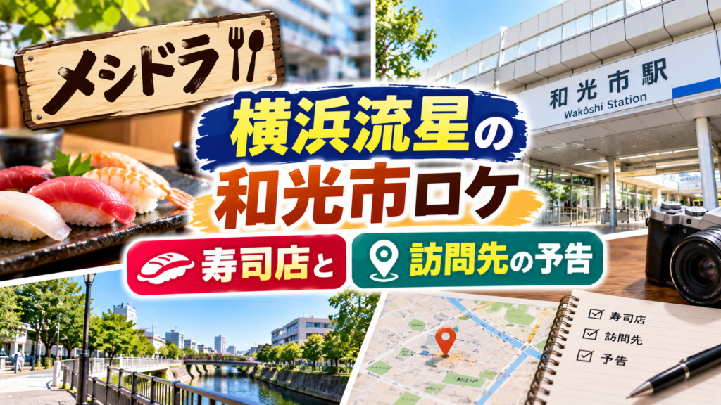 寿司の盛り合わせと和光市の街並み、地図やカメラを背景に、メシドラの横浜流星が出演する和光市ロケの寿司店と訪問先の予告を紹介するアイキャッチ画像
