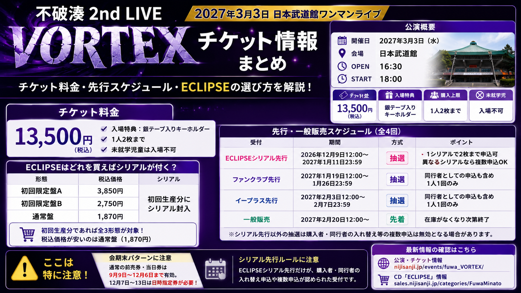 不破湊2nd LIVE「VORTEX」のチケット情報として、2027年3月3日に日本武道館で開催、チケット料金13,500円、ECLIPSEシリアル先行は2026年12月9日12時開始、一般販売は2027年2月20日12時開始であることを整理した人物なしの画像
