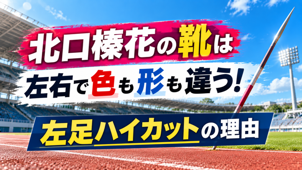 無人の陸上競技場とやりを背景に、北口榛花の靴が左右で異なることと左足ハイカットの理由を紹介するアイキャッチ画像