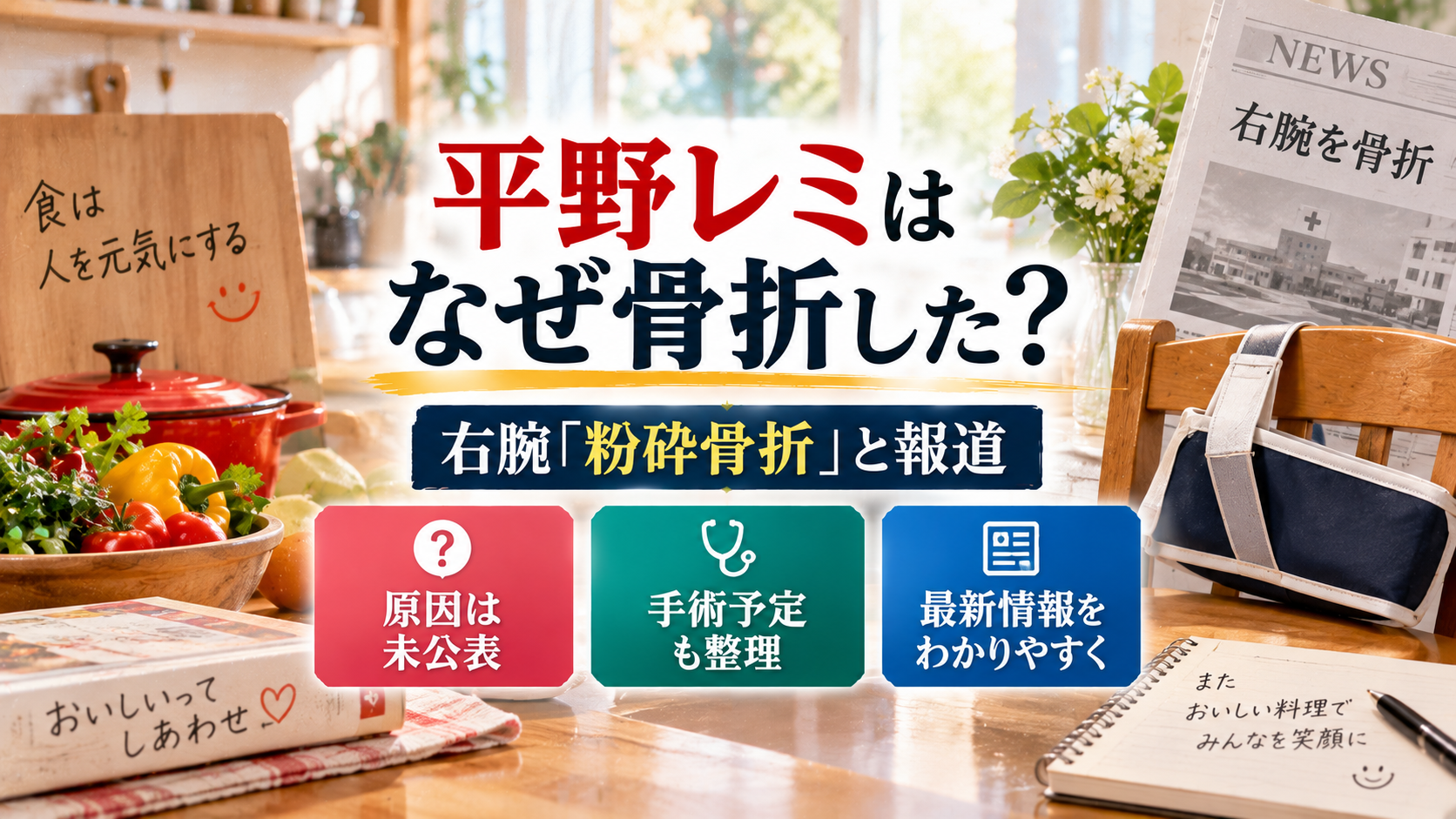 キッチンと腕を支える装具、ニュース紙面を背景に、平野レミの右腕「粉砕骨折」報道と原因未公表・手術予定を表現したアイキャッチ画像