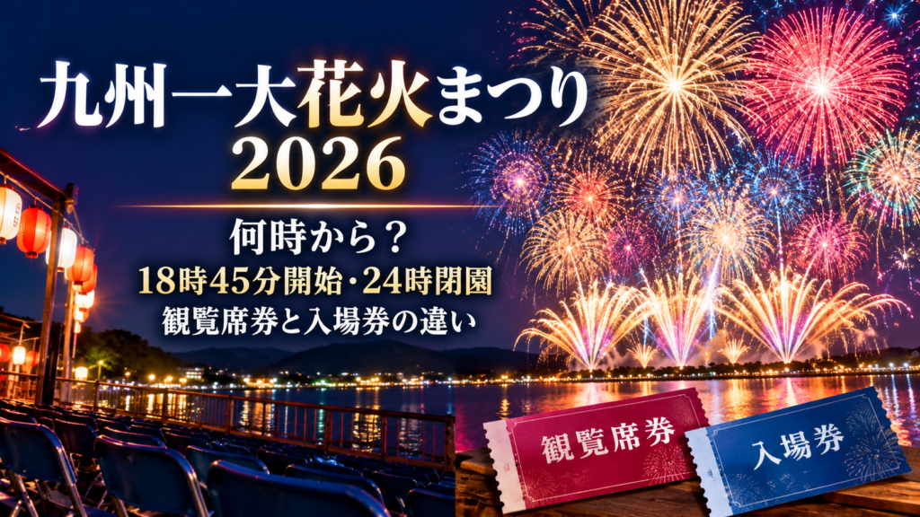九州一大花火まつり2026の花火と18時45分開始・24時閉園、観覧席券と入場券の違いを示した画像