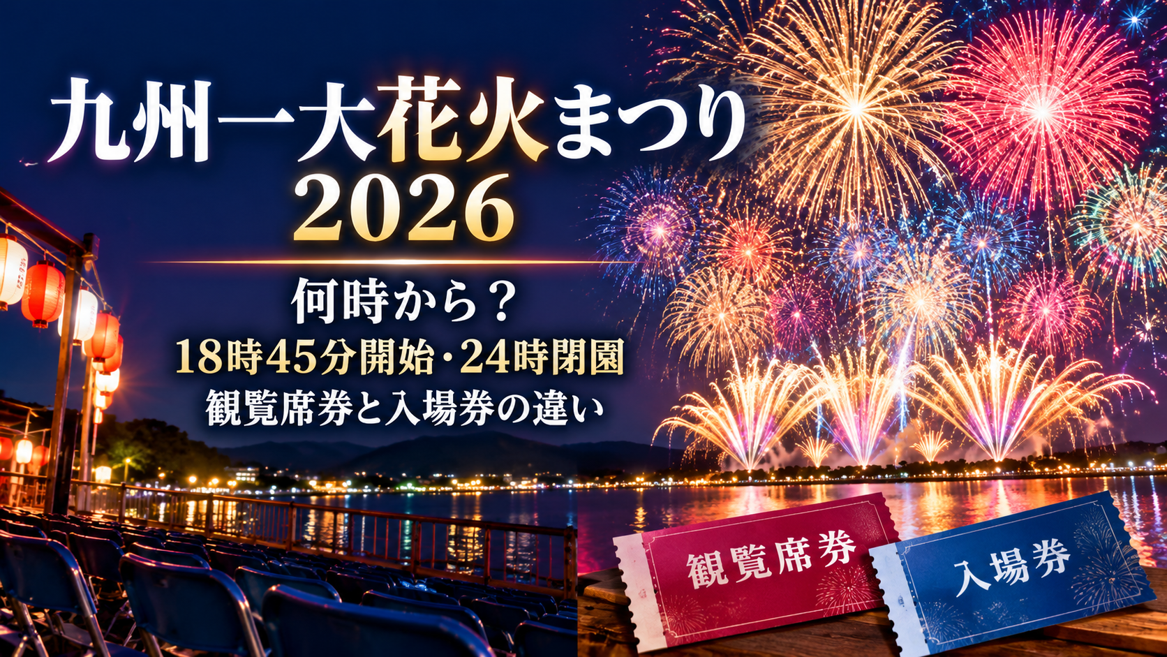 九州一大花火まつり2026の花火と18時45分開始・24時閉園、観覧席券と入場券の違いを示した画像