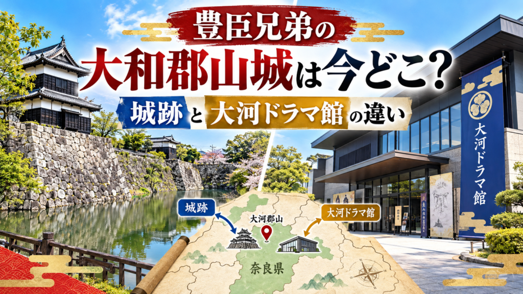 大和郡山城の石垣と堀、天守風の建物、現代的な大河ドラマ館を左右に配置し、豊臣兄弟に登場する大和郡山城の城跡と大河ドラマ館の違いを表現したアイキャッチ画像。