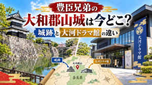 大和郡山城の石垣と堀、天守風の建物、現代的な大河ドラマ館を左右に配置し、豊臣兄弟に登場する大和郡山城の城跡と大河ドラマ館の違いを表現したアイキャッチ画像。
