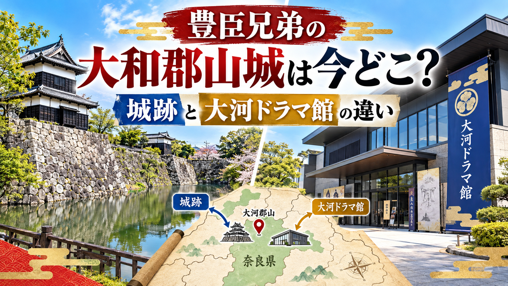 大和郡山城の石垣と堀、天守風の建物、現代的な大河ドラマ館を左右に配置し、豊臣兄弟に登場する大和郡山城の城跡と大河ドラマ館の違いを表現したアイキャッチ画像。