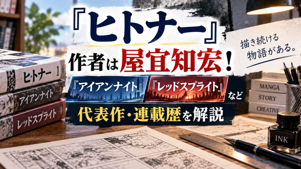 漫画制作をイメージする原稿用紙やペン、インクを背景に、『ヒトナー』作者・屋宜知宏と『アイアンナイト』『レッドスプライト』などの代表作・連載歴を紹介するアイキャッチ画像