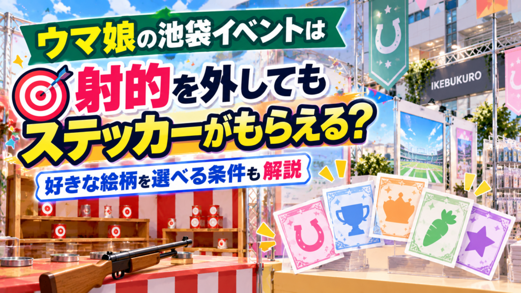 無人の射的ブースと的、ステッカーの封筒を背景に、ウマ娘の池袋イベントで射的を外してもステッカーがもらえるのか、好きな絵柄を選べる条件を紹介するアイキャッチ画像
