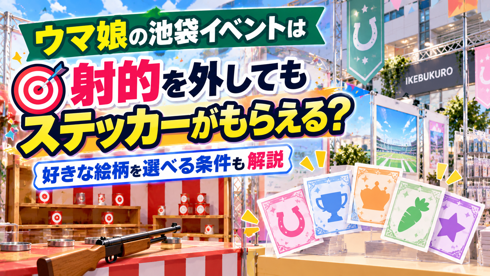 無人の射的ブースと的、ステッカーの封筒を背景に、ウマ娘の池袋イベントで射的を外してもステッカーがもらえるのか、好きな絵柄を選べる条件を紹介するアイキャッチ画像